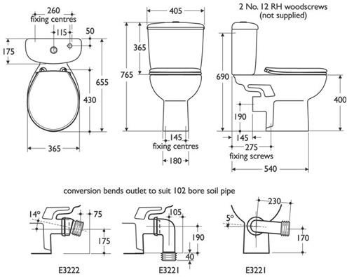 Technical image of Ideal Standard Studio Close Coupled Toilet, Push Cistern, Fittings & Seat.