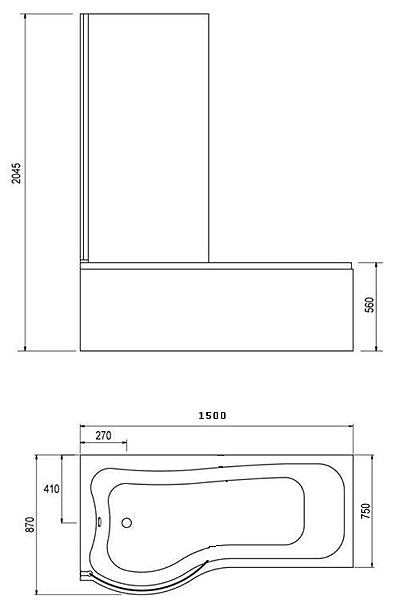 Technical image of Hydra Complete Shower Bath Suite (Left Hand). 1500x750mm.