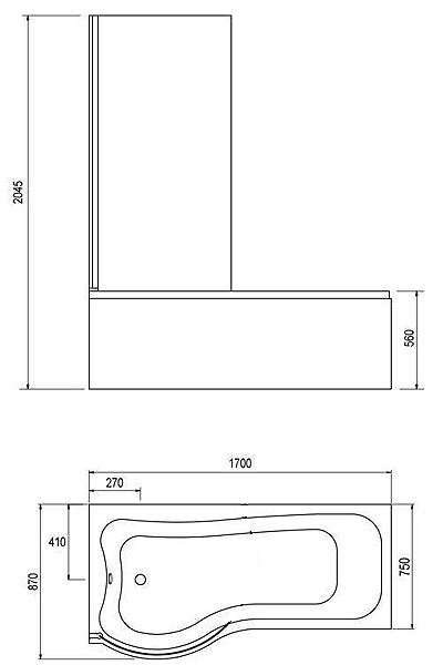 Technical image of Hydra Complete Shower Bath (Left Hand). 1700x750mm.