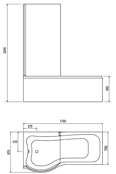 Technical image of Hydra Complete Shower Bath With Screen & Door (Left Hand). 1700x750mm.
