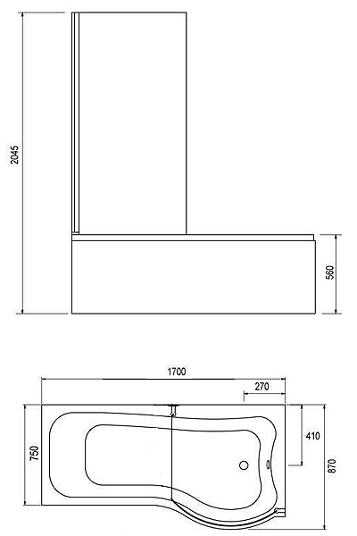 Technical image of Hydra Complete Shower Bath With Screen & Door (Right Hand). 1700x750mm.