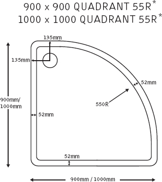 Technical image of JT40 Fusion Slimline Quadrant Shower Tray. 1000x1000x40mm.
