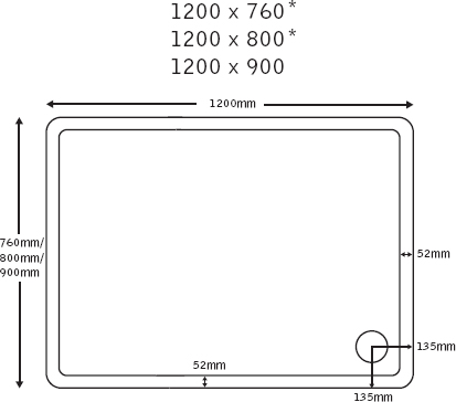 Technical image of JT40 Fusion Slimline Gloss Rectangular Shower Tray. 1200x800x40mm.