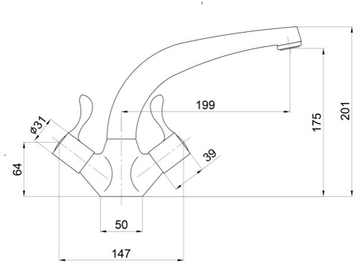 Technical image of JTP Kitchen Astra Sink Mixer Kitchen Tap With Lever Handles (Chrome).