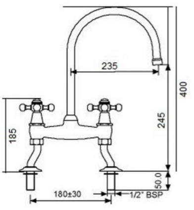 Technical image of JTP Kitchen Vintage Bridge Kitchen Tap With Crosshead Handles.