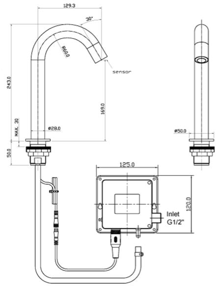 Technical image of JTP Sensor 3 x Deck Mounted Sensor Basin Tap (S Steel, Mains/Battery).