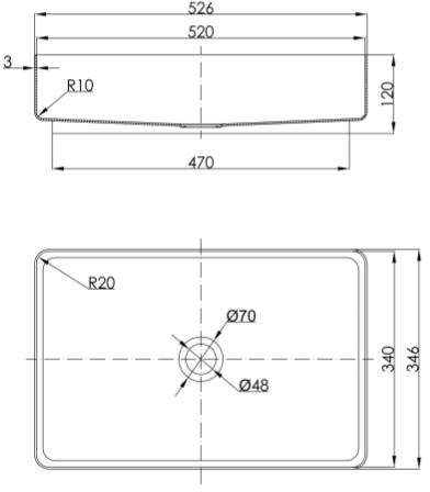 Technical image of JTP Inox Rectangular Counter Top Basin (520x340, Stainless Steel).