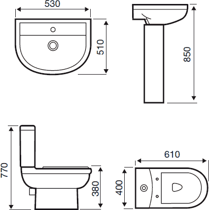 Technical image of Hydra Freedom Suite With Toilet Pan. Cistern, Seat, Basin & Pedestal.
