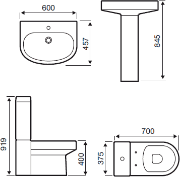 Technical image of Hydra Life Suite With Toilet Pan. Cistern, Seat, Basin & Pedestal.