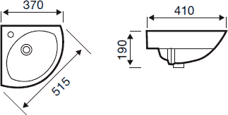 Technical image of Hydra G4K Wall Mounted 1 Tap Hole Corner Basin. 515x370mm.