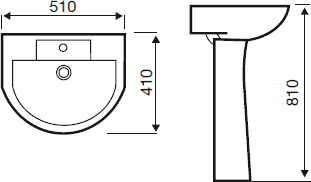 Technical image of Hydra Curved Basin With Pedestal. 510x410mm.