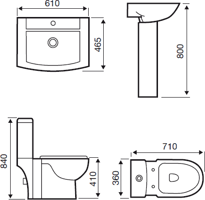 Technical image of Hydra Sorea Suite With Toilet Pan. Cistern, Seat, Basin & Pedestal.