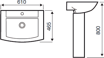 Technical image of Hydra Sorea Square Basin With Pedestal. 610x465mm.