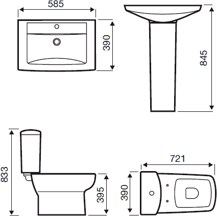Technical image of Hydra Verve Suite With Toilet Pan. Cistern, Seat, Basin & Pedestal.