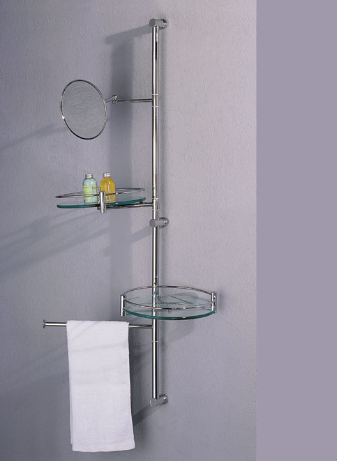 Larger image of Hudson Reed Dingle bathroom stand with shelves, mirror & towel rail.