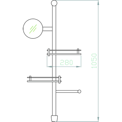 Technical image of Hudson Reed Dingle bathroom stand with shelves, mirror & towel rail.