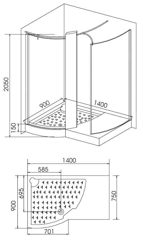 Technical image of Lucy Erith right hand shower enclosure + thermostatic shower panel.