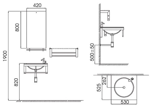 Technical image of Lucy Helston wall hung glass basin set.