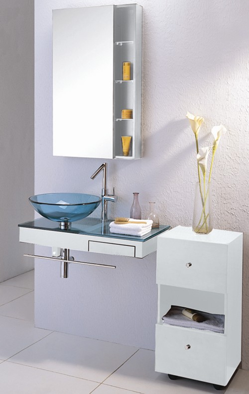 Larger image of Lucy Maldon compete wall hung glass basin set with two cabinets.