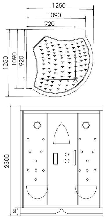 Technical image of Lucy March 1250mm shower cabin.