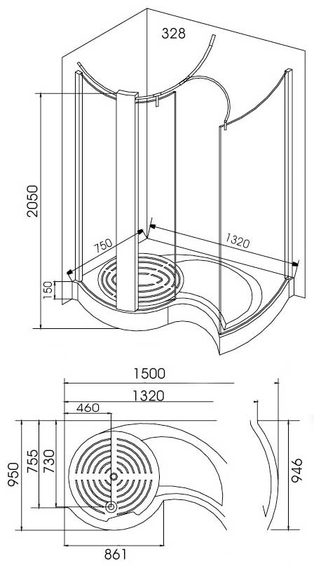 Technical image of Lucy Royston left hand shower enclosure + thermostatic shower panel.