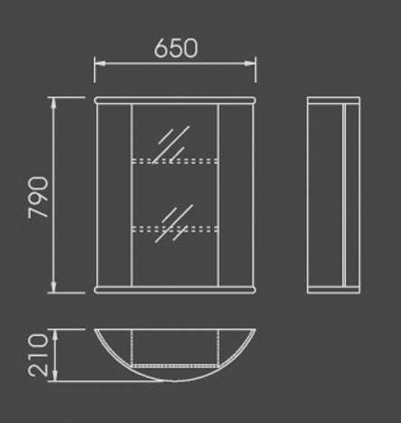 Technical image of Lucy Tuam bathroom cabinet with light.  650x790mm.