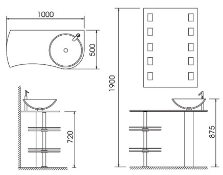 Technical image of Lucy Tyrone glass basin set with shelves.