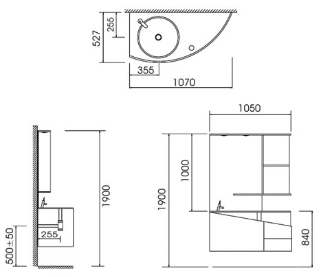 Technical image of Lucy Windsor complete wall hung glass basin set.