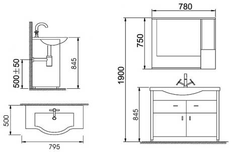 Technical image of Lucy Yardley complete vanity unit set.