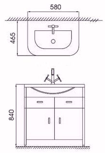 Technical image of Lucy Yeovil 580mm white vanity unit and basin.