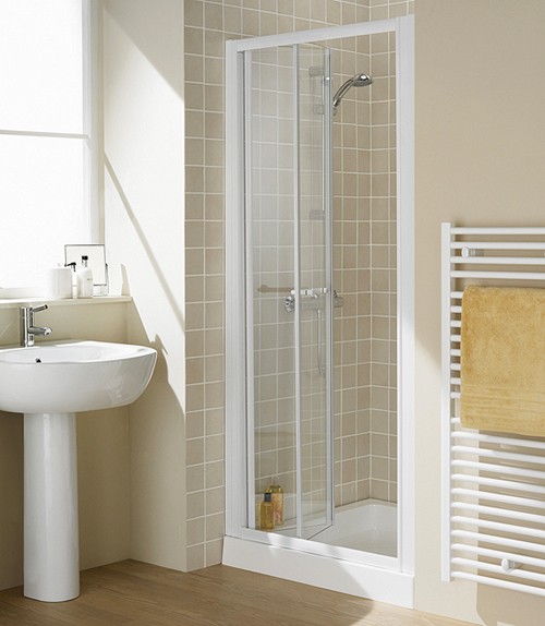Example image of Lakes Classic 800mm Semi-Frameless Bi-Fold Shower Door (White).