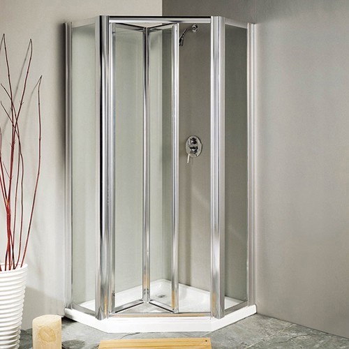 Larger image of Lakes Classic Pentagon Framed Shower Enclosure, Bi-Fold Door & Tray (Silver).