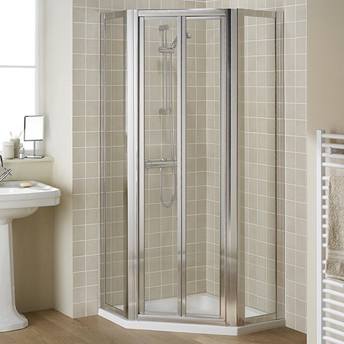 Example image of Lakes Classic Pentagon Framed Shower Enclosure, Bi-Fold Door & Tray (Silver).