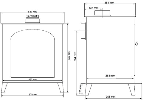 Technical image of La Hacienda Stoves York Wood Burning Stove.  616x570mm. 9kW.