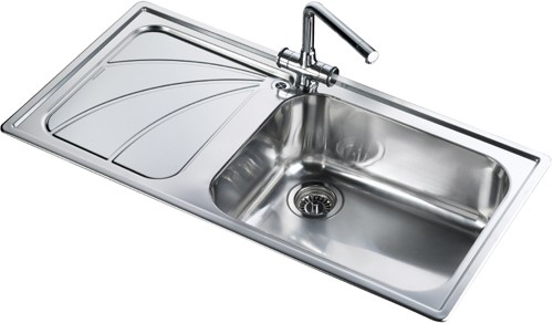 Example image of Rangemaster Chicago 1.0 bowl stainless steel kitchen sink with left hand drainer.