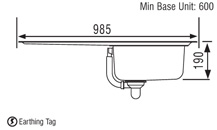 Technical image of Rangemaster Chicago 1.0 bowl stainless steel kitchen sink with right hand drainer.