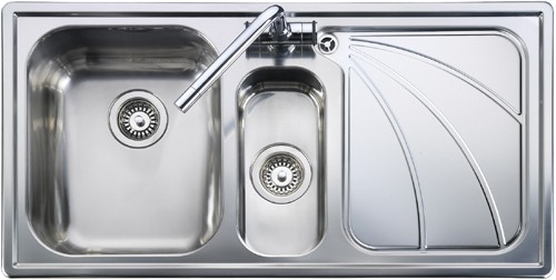 Larger image of Rangemaster Chicago 1.5 bowl stainless steel kitchen sink with right hand drainer.