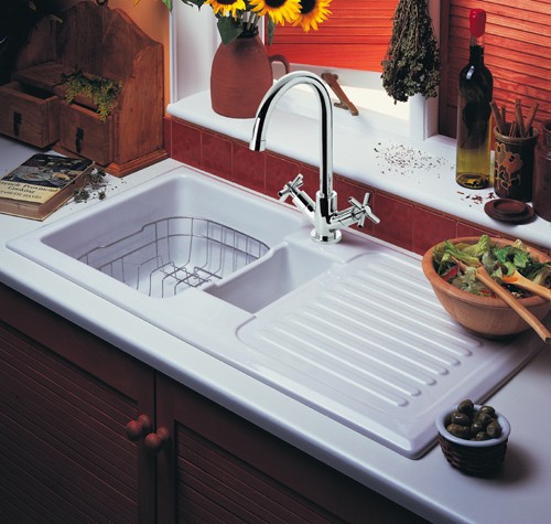 Example image of Rangemaster Rustique 1.5 Bowl Ceramic Kitchen Sink, Right Hand Drainer.