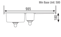 Technical image of Rangemaster Cubix 1.5 bowl granite pewter finish kitchen sink. Reversible.