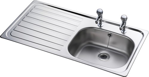 Example image of Leisure Sinks Lexin 1.0 bowl stainless steel kitchen sink with left hand drainer. Waste kit supplied.