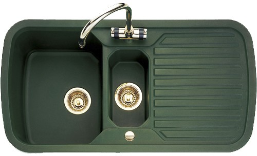 Larger image of Rangemaster RangeStyle 1.5 Bowl Green Sink With Brass Tap & Waste.