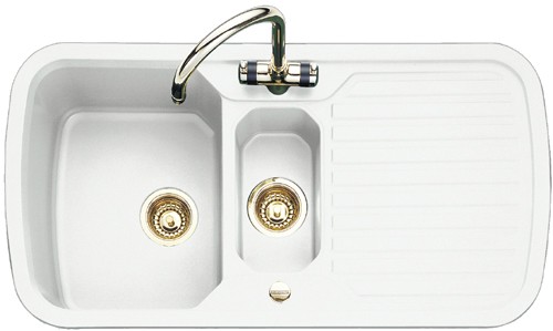 Larger image of Rangemaster RangeStyle 1.5 Bowl White Sink With Brass Tap And Waste.