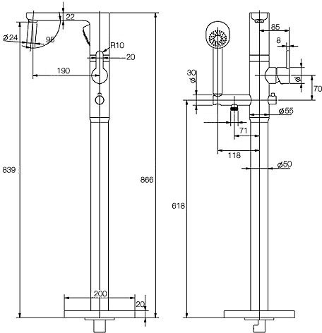 Technical image of Mayfair Eion Floor Mounted Bath Shower Mixer Tap With Shower Kit.