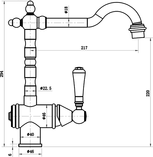 Technical image of Mayfair Kitchen Rustique Traditional Kitchen Tap With Swivel Spout (Gold).