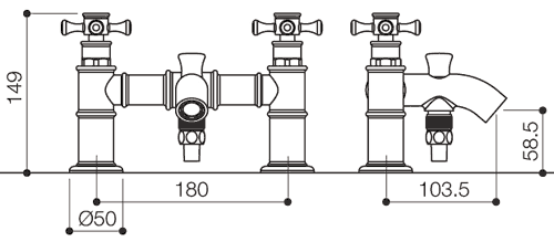 Technical image of Mayfair Tait Cross Bath Shower Mixer Tap With Shower Kit (Chrome).