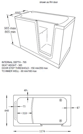 Technical image of Mantaleda Priya Walk In Corner Bath With Right Hand Door (1210x650).