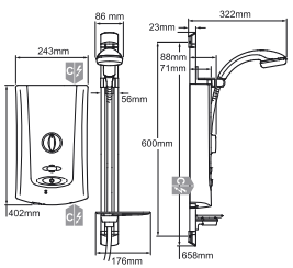 Technical image of Mira Advance Flex Low Pressure Electric Shower 9.0kW (W/C).