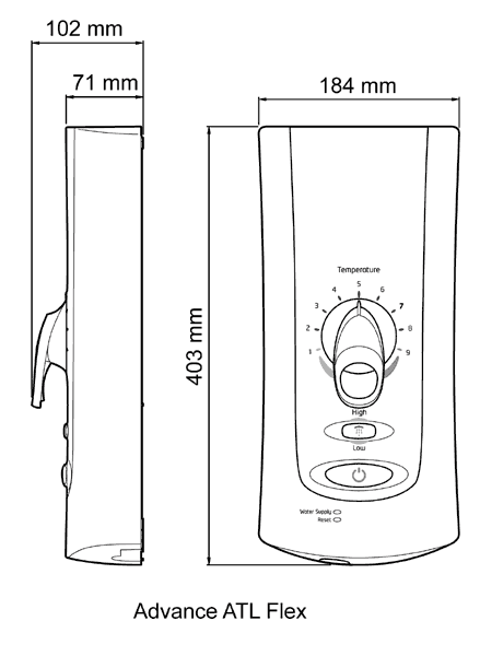 Technical image of Mira Electric Showers Mira Advance ATL 9.8kW Flex in white & chrome.