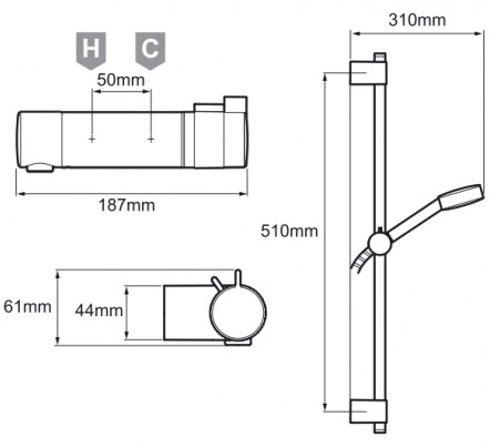 Technical image of Mira Agile Exposed Thermostatic Shower Valve With Slide Rail Kit (Chrome).