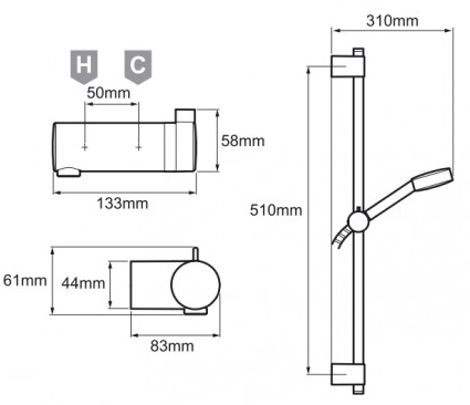 Technical image of Mira Agile Eco Exposed Thermostatic Shower Valve With Slide Rail Kit (Chrome).